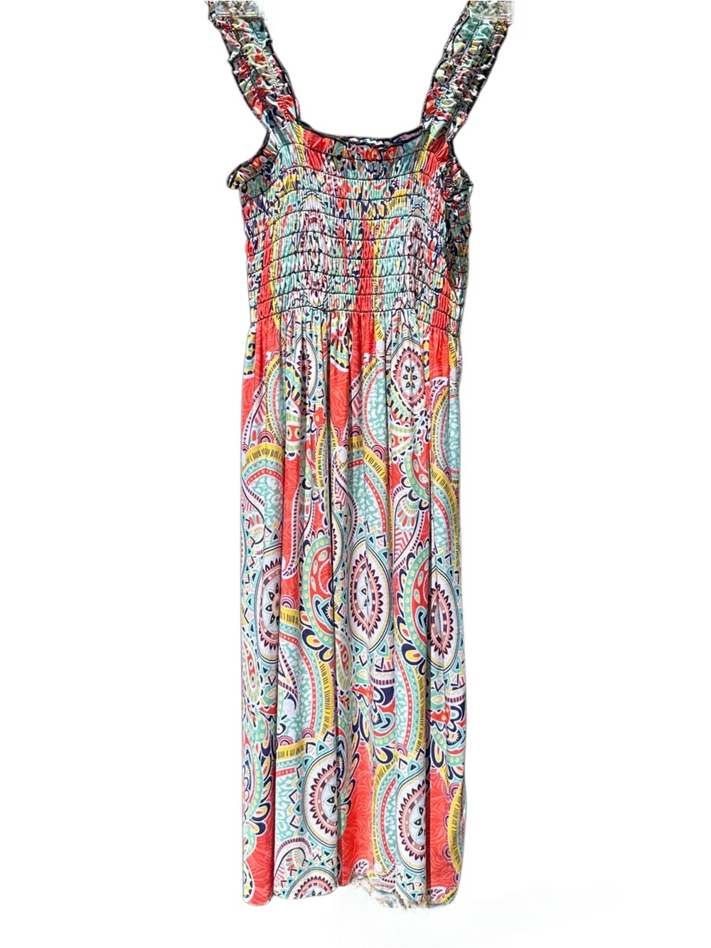 Win Win Paisley Smocked Midi Dress Multicolor Boho Sleeveless Size S-M